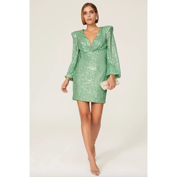 Ieena for Mac Duggal Sequined Structured Bishop Sleeve Mini Dress Light Green Wo - Picture 1 of 14